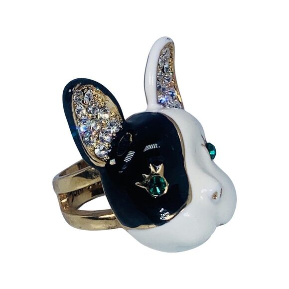 Betsey Johnson French Bulldog Statement Ring Crystal Royal Engagement VTG - Picture 6 of 9